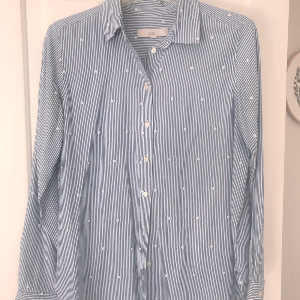 White and blue striped shirt with white polka dots